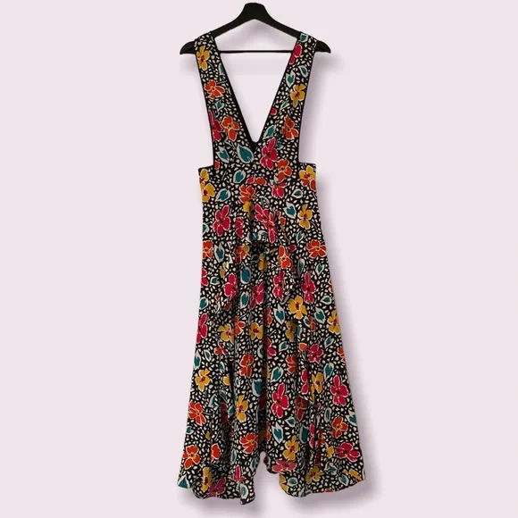 topshop midi pinafore dress Topshop Black 80s Floral Printed Plunging V-Neck Pinafore Midi Dress Size 6